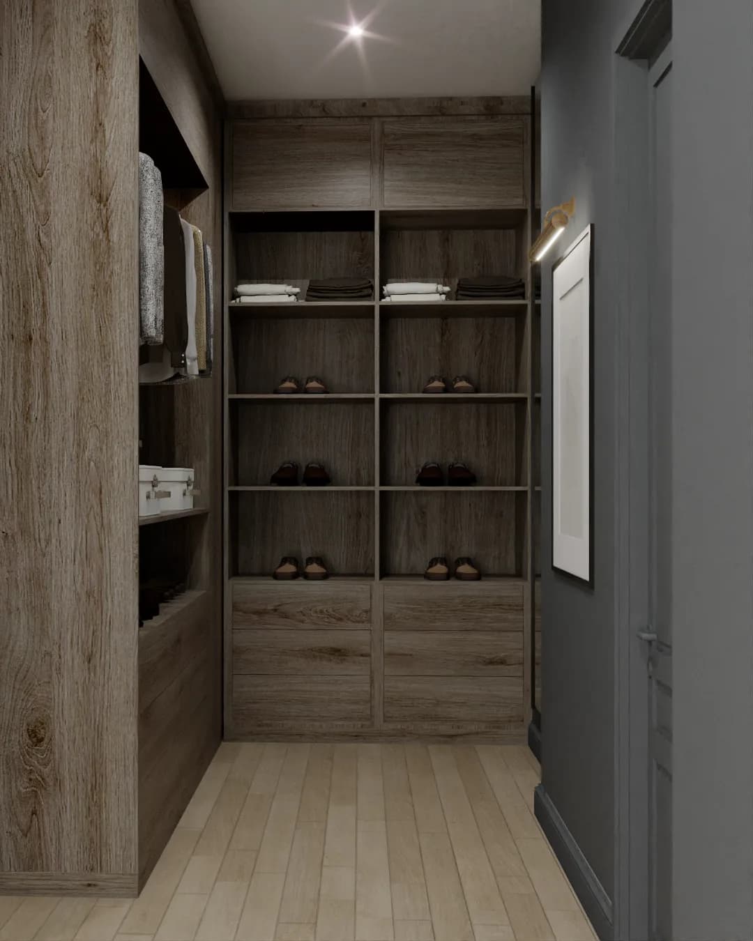 Walk-in shoe and shelving corridor with dark walnut towers, folded linens, and shoe slots