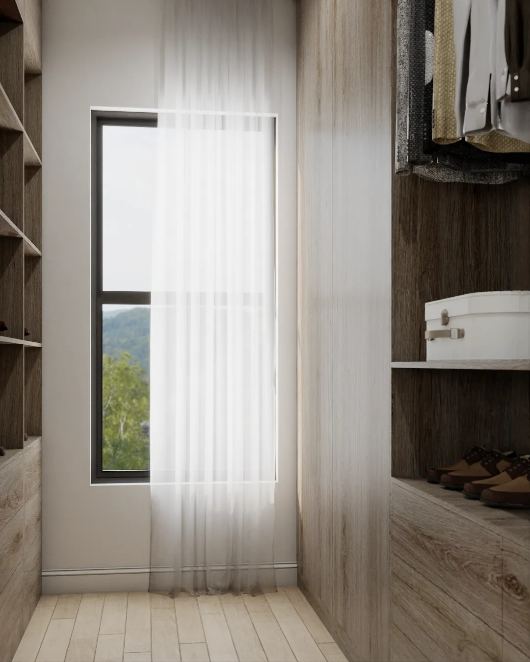 Natural light through black-framed window with sheer drapes, flanked by oak shelving