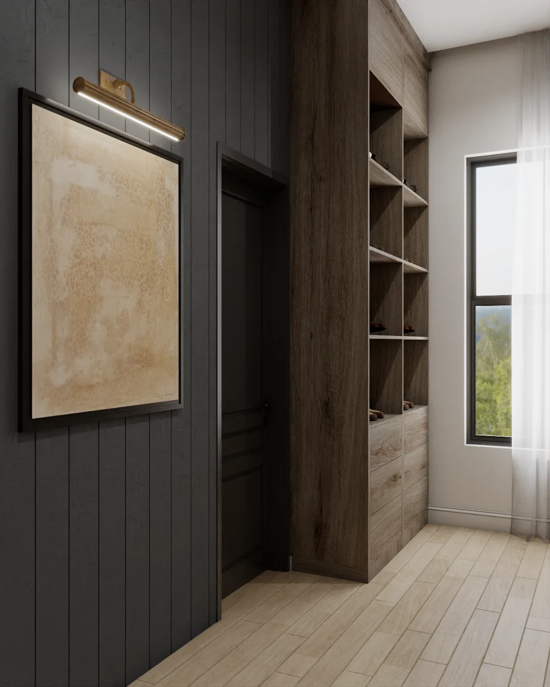Dark shiplap wall with brass sconce, framed art, and oak shelving tower beside window