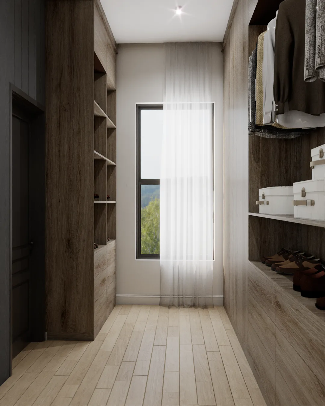 Full-depth view of walk-in with bilateral oak shelving and center window with sheers