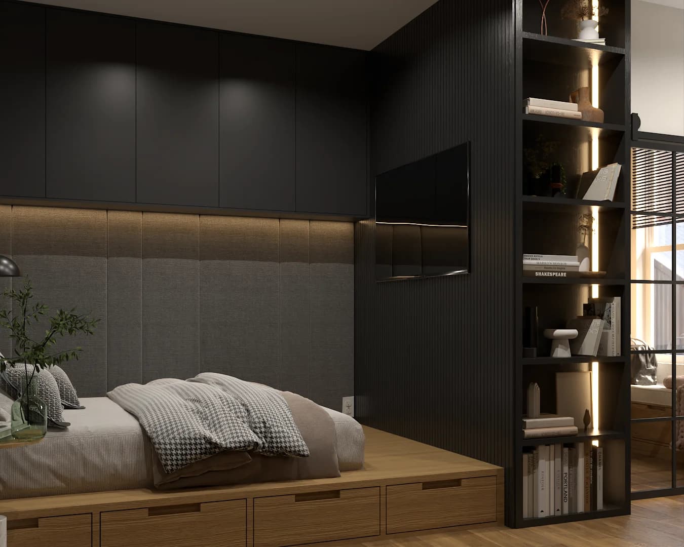 Dark bedroom with charcoal slat accent wall, gray upholstered LED headboard, oak platform bed with storage drawers, and black steel bookshelf tower room divider leading to glass closet door
