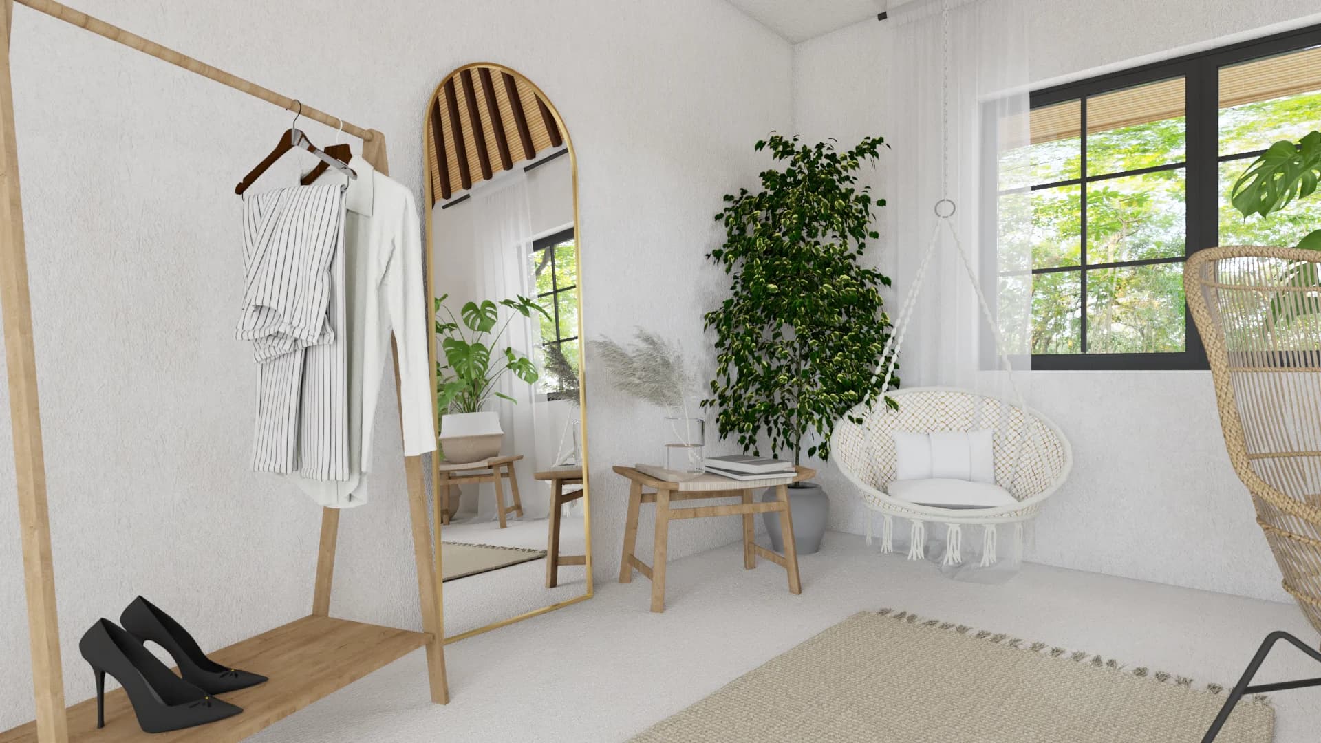 Dressing area with wood clothing rack, full-length arched mirror, and hanging swing chair