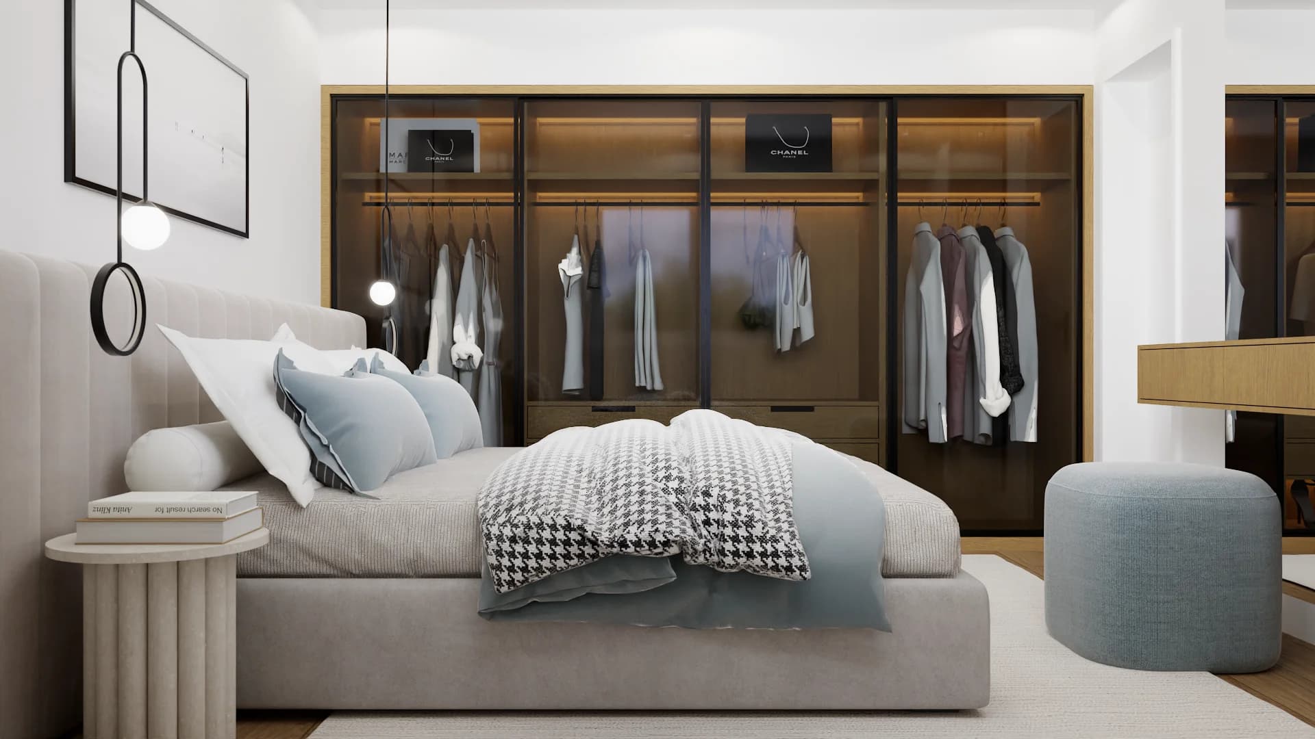 Bedroom with gold-framed smoked glass built-in wardrobe, LED lighting, linen bed, and powder blue accents
