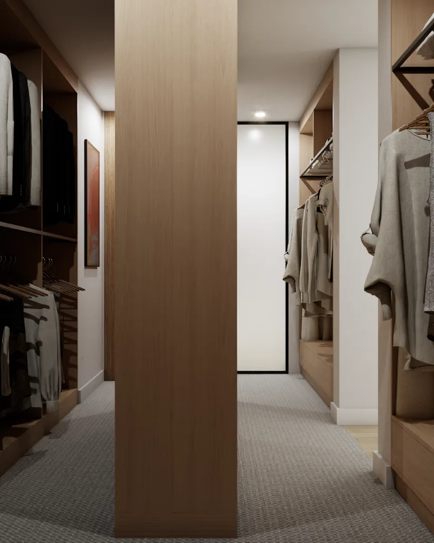 Side view showing column, terracotta art panel, hanging rails, and mirror opening