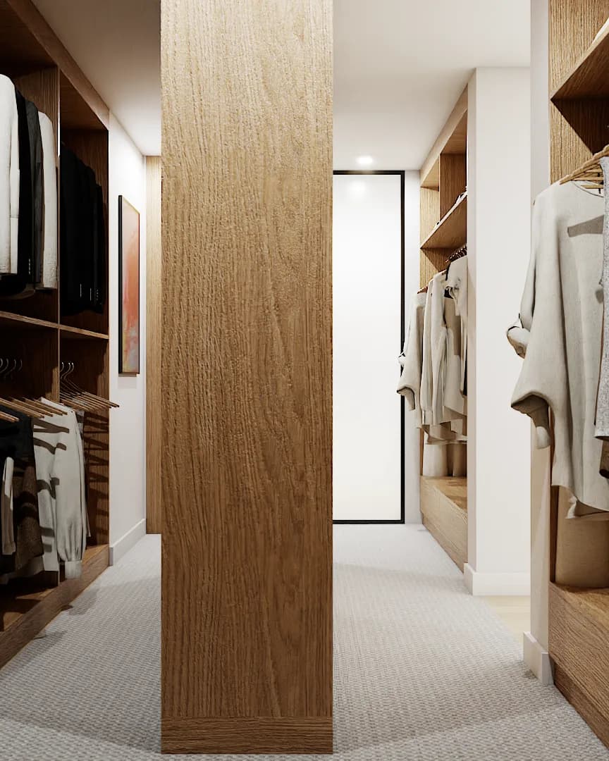 Wide corridor view of oak walk-in with column, dual hanging walls, and mirror at end
