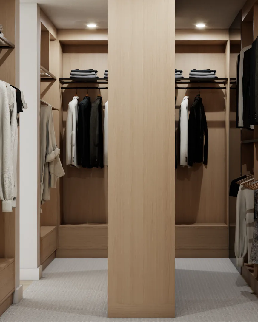 Pale oak walk-in closet with central column divider, symmetric double hanging bays, matte black rails, and recessed lights