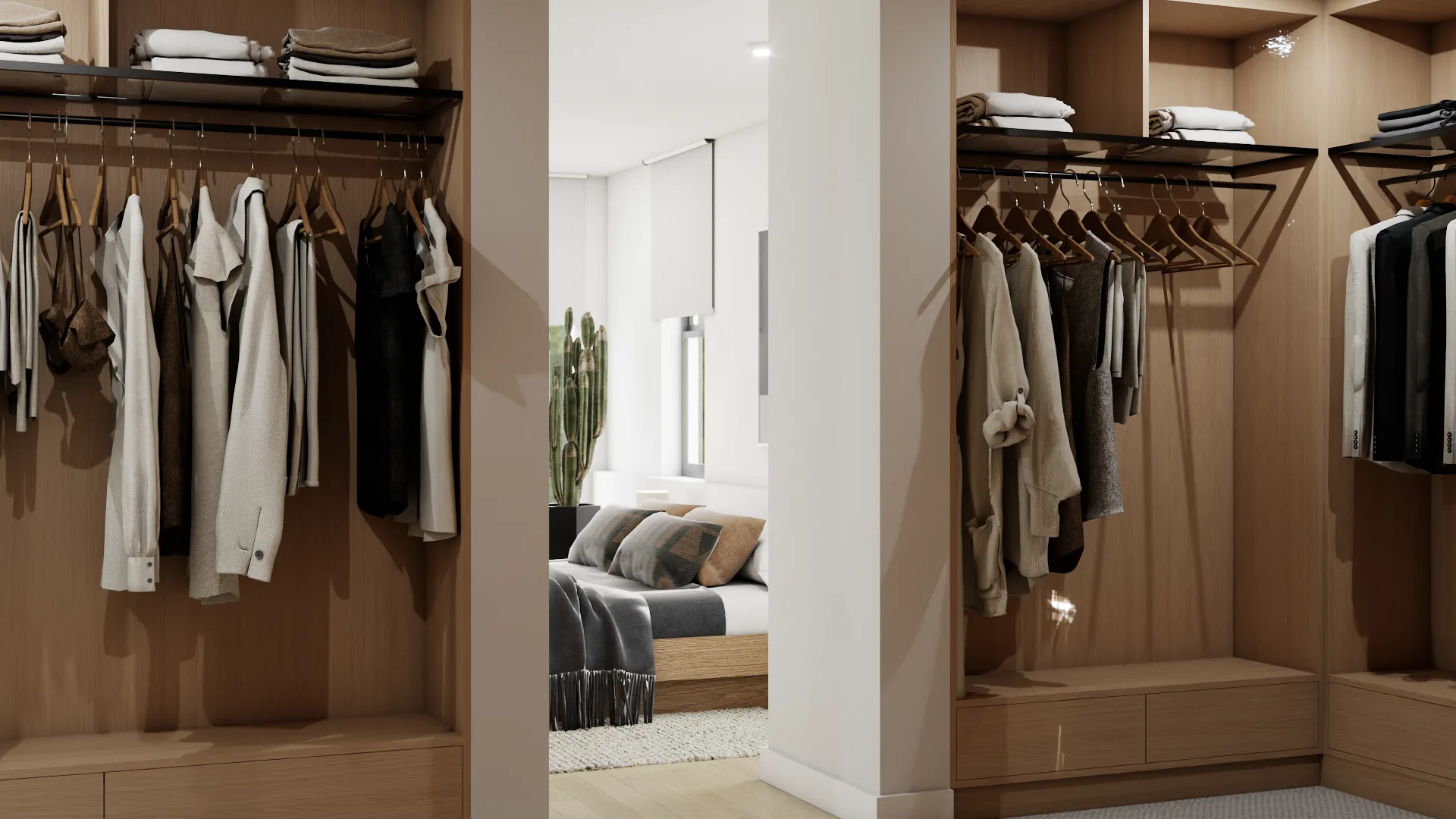 Open oak walk-through closet with double hanging rails and central passthrough to bedroom with cactus plant