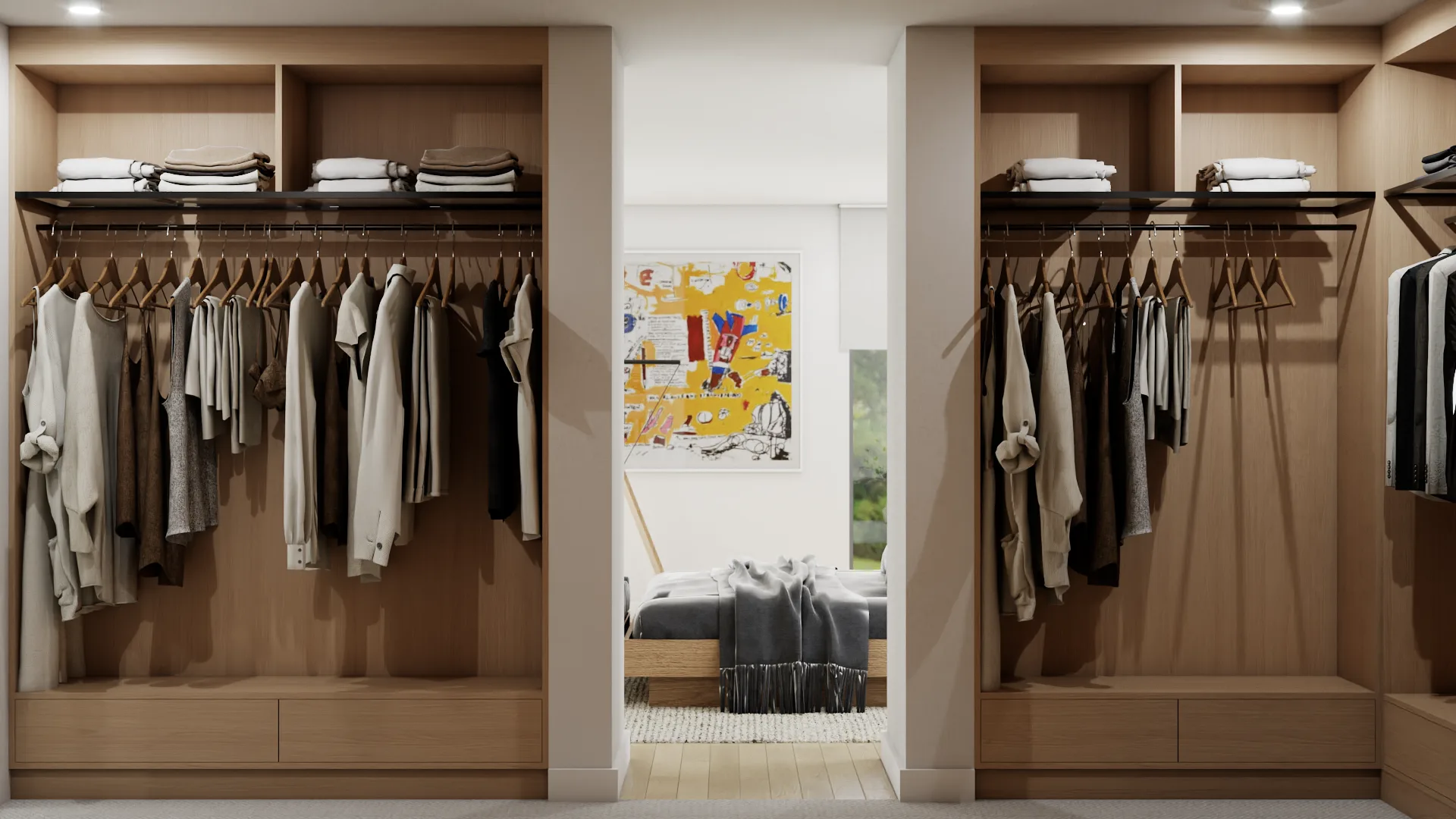 Symmetrical front view of double-bay oak hanging closet with bedroom passthrough opening