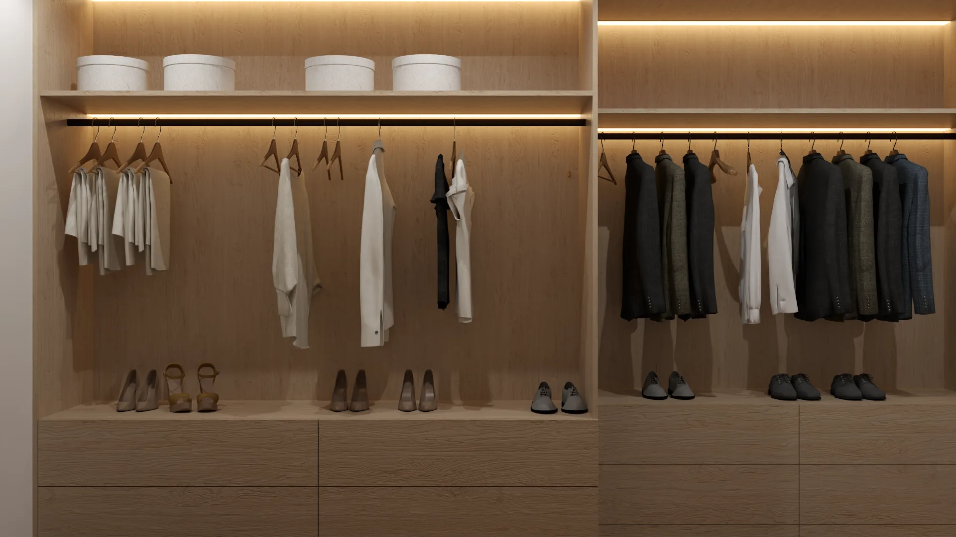 Scandinavian oak walk-in closet with warm LED lighting, open hanging rails, shoe display shelf, and flat-front drawers