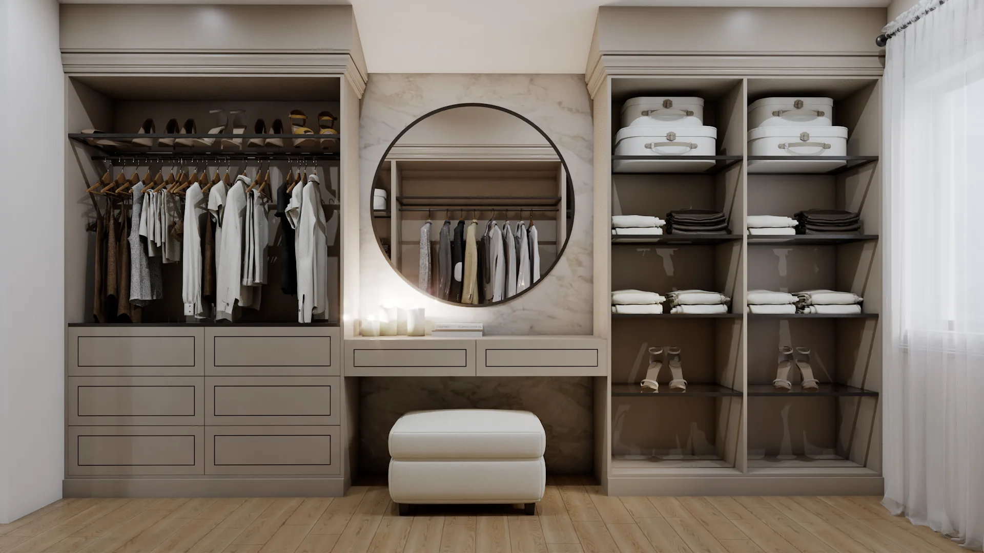 Walk-in vanity wall, round mirror on marble, taupe built-ins, cream ottoman, glass shelves
