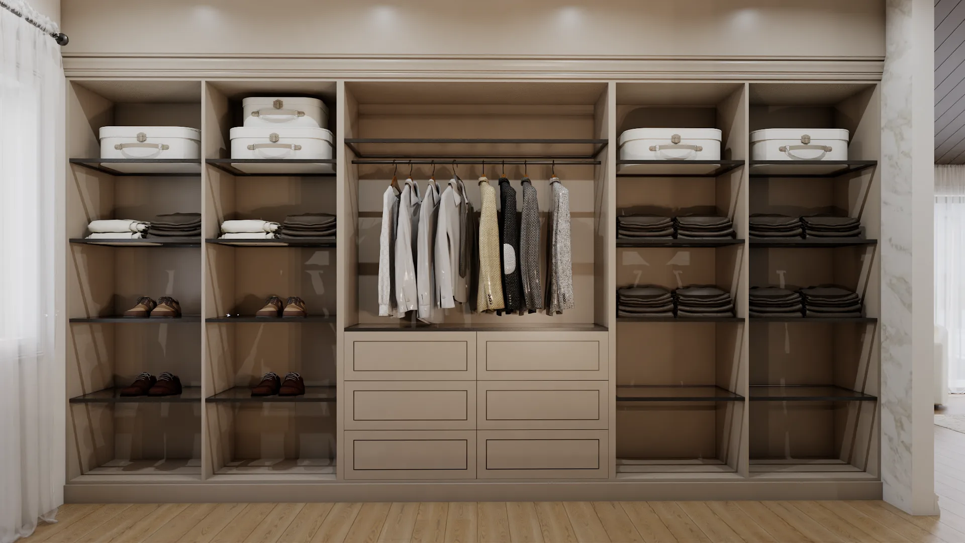 Wardrobe wall close view with glass-front panels and color-organized folded items on shelves