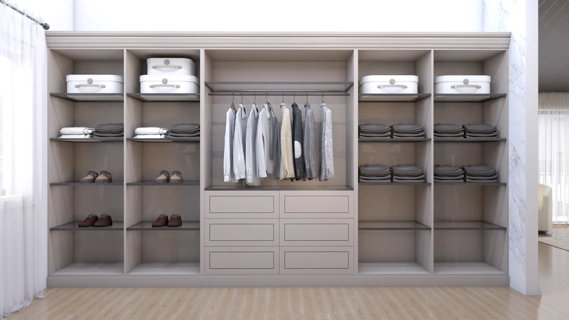 Taupe wardrobe wall with glass shelves, center hanging rod, drawers below, and hat boxes on top