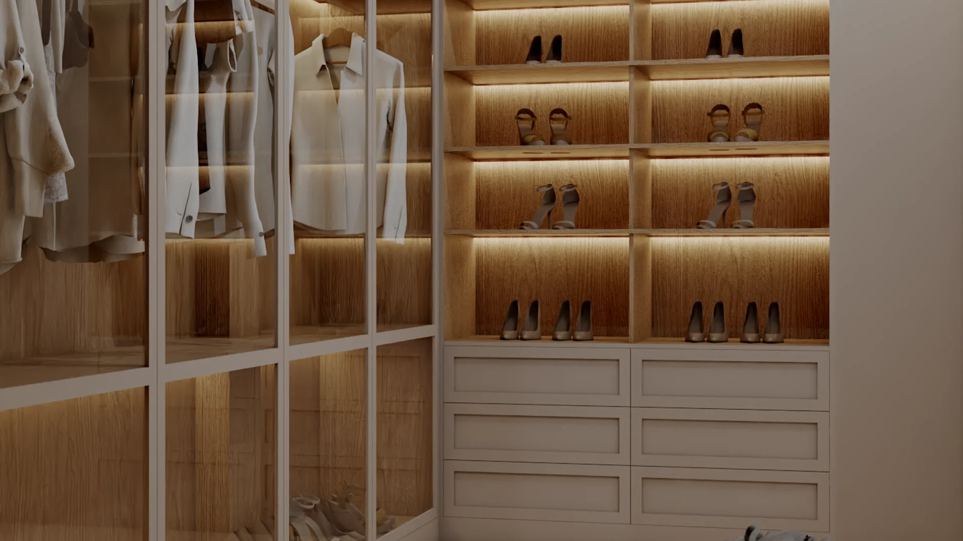 LED-lit shoe display wall with glass-door wardrobe holding white garments, individual heel cubbies, and cream drawer bank below
