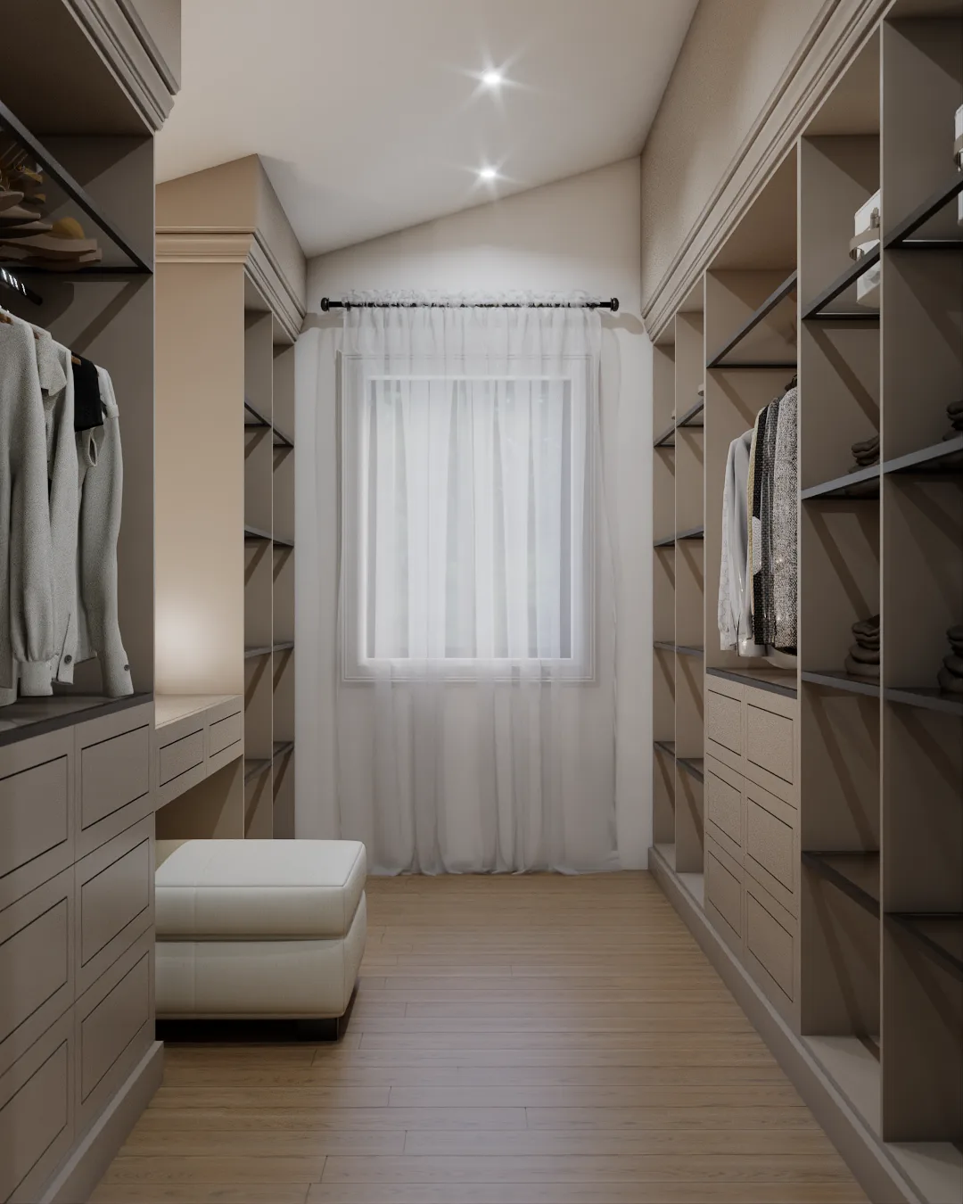 Closet corridor with vaulted ceiling, open shelving, white ottoman, sheer curtain at window end