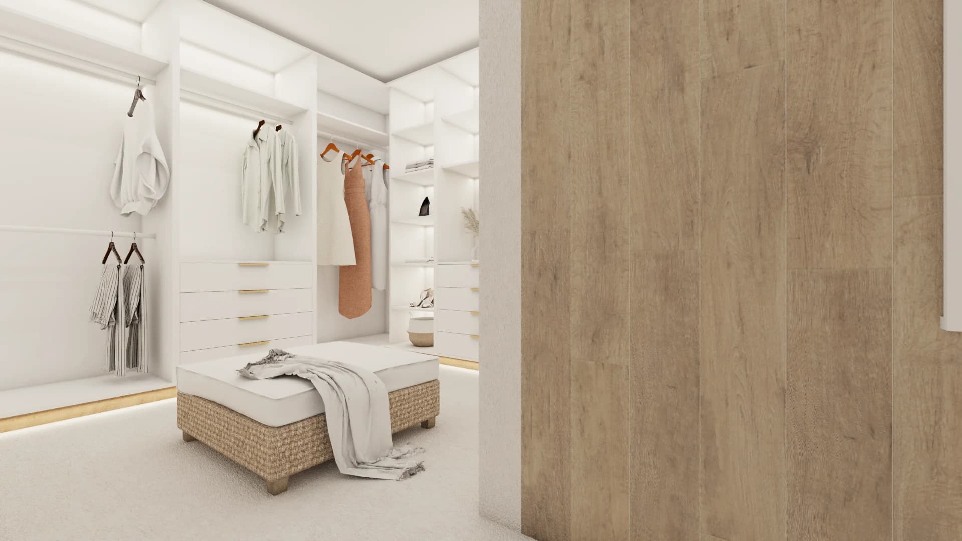 Walk-in closet with white shelves, rattan ottoman, full-length mirror, and warm wood door