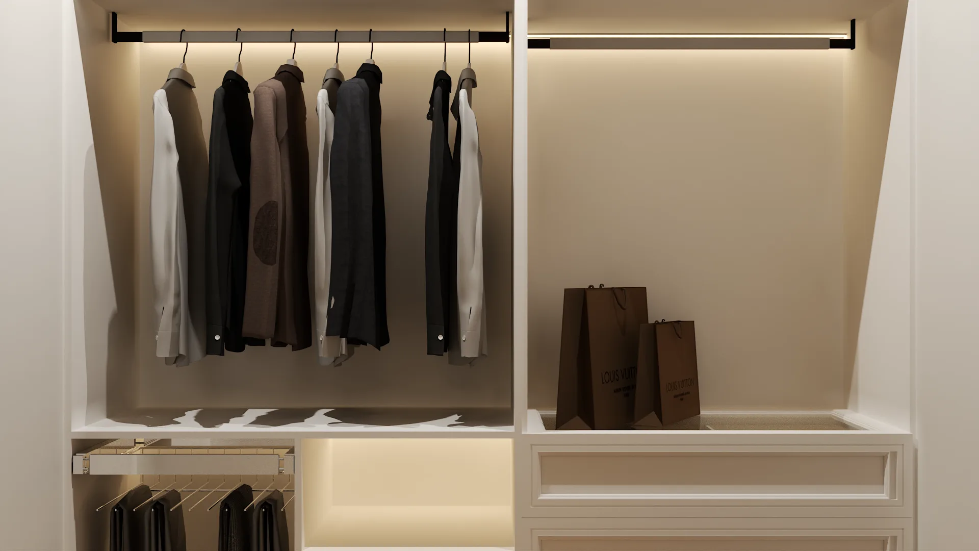 White built-in wardrobe with warm LED strip lighting, dual hanging zones, pull-out trouser rack, and raised panel drawers