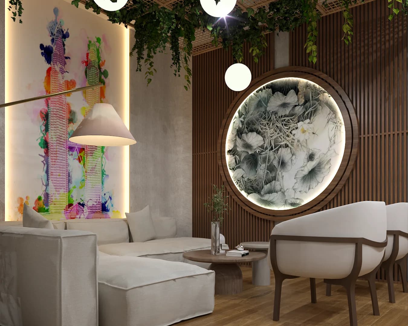 Same Japandi cafe corner with bouclé lounge chairs and vertical walnut wood slat wall, featuring colorful abstract art on the plaster wall instead of the crane mural. Backlit circular ink-wash panel and globe pendant above.