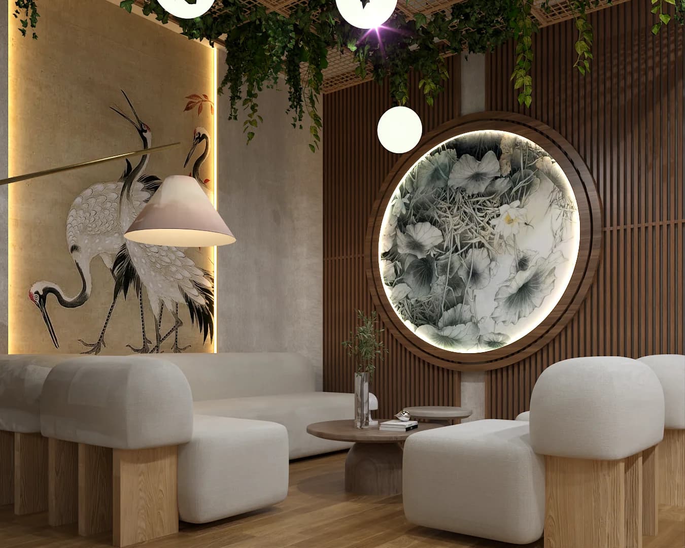 Japandi cafe corner with bouclé lounge chairs, walnut wood slat wall, backlit ink-wash panel, and crane mural on textured plaster. Design by Debora, an online interior design service.