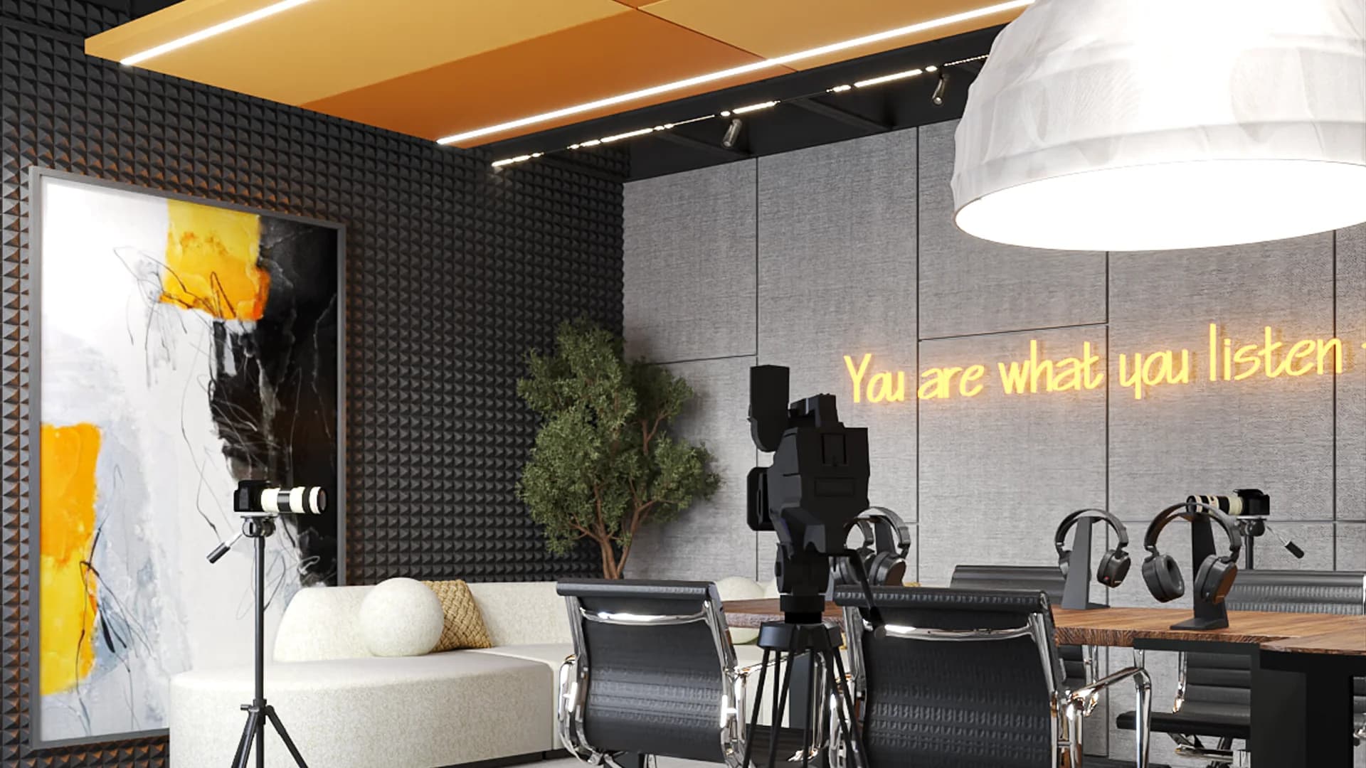 Recording studio with amber ceiling panels, dome pendant, walnut table, and neon quote wall