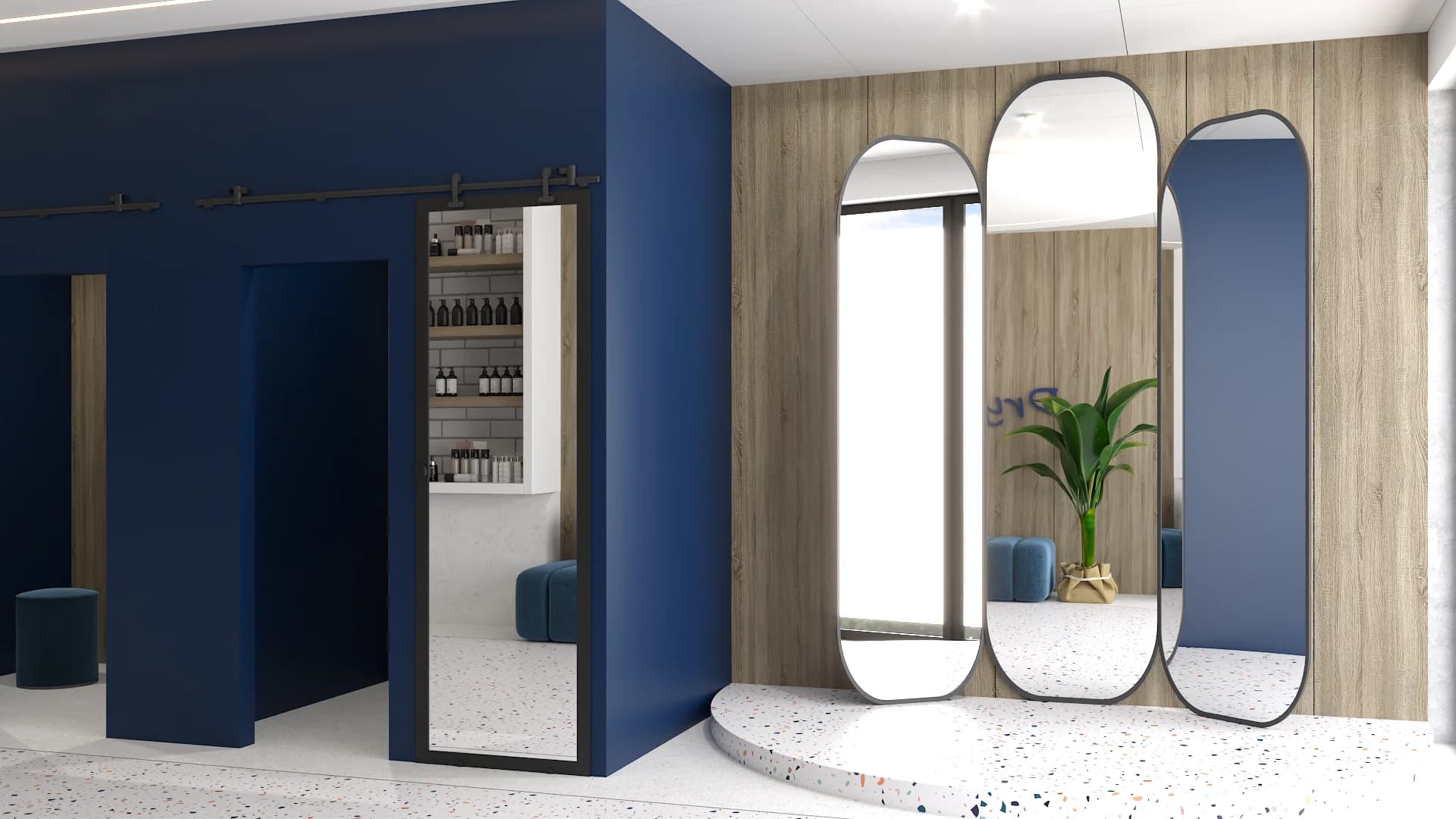 Three arched full-length mirrors on raised terrazzo platform, oak panel wall, navy blue accents