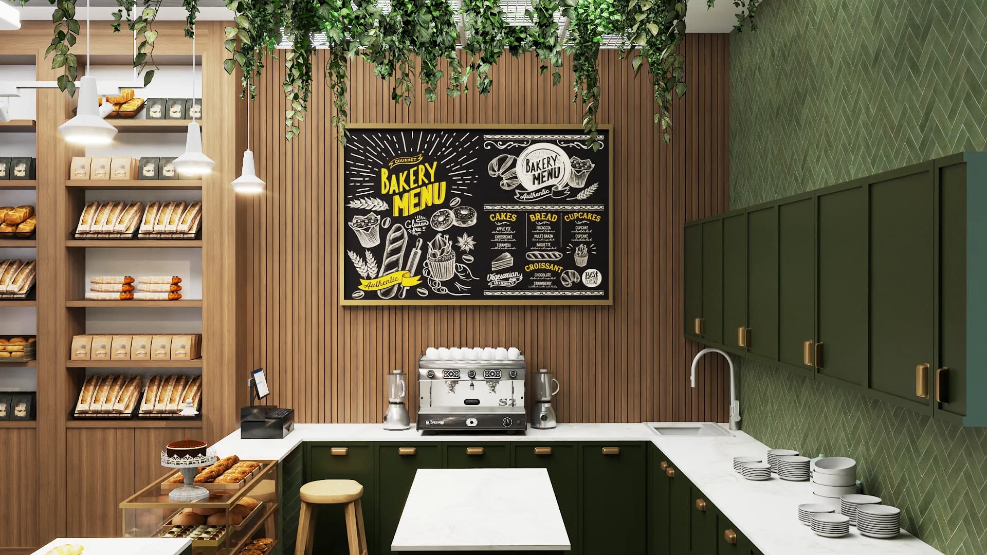 Bakery cafe espresso bar with chalkboard menu, green cabinetry, and open bread shelving
