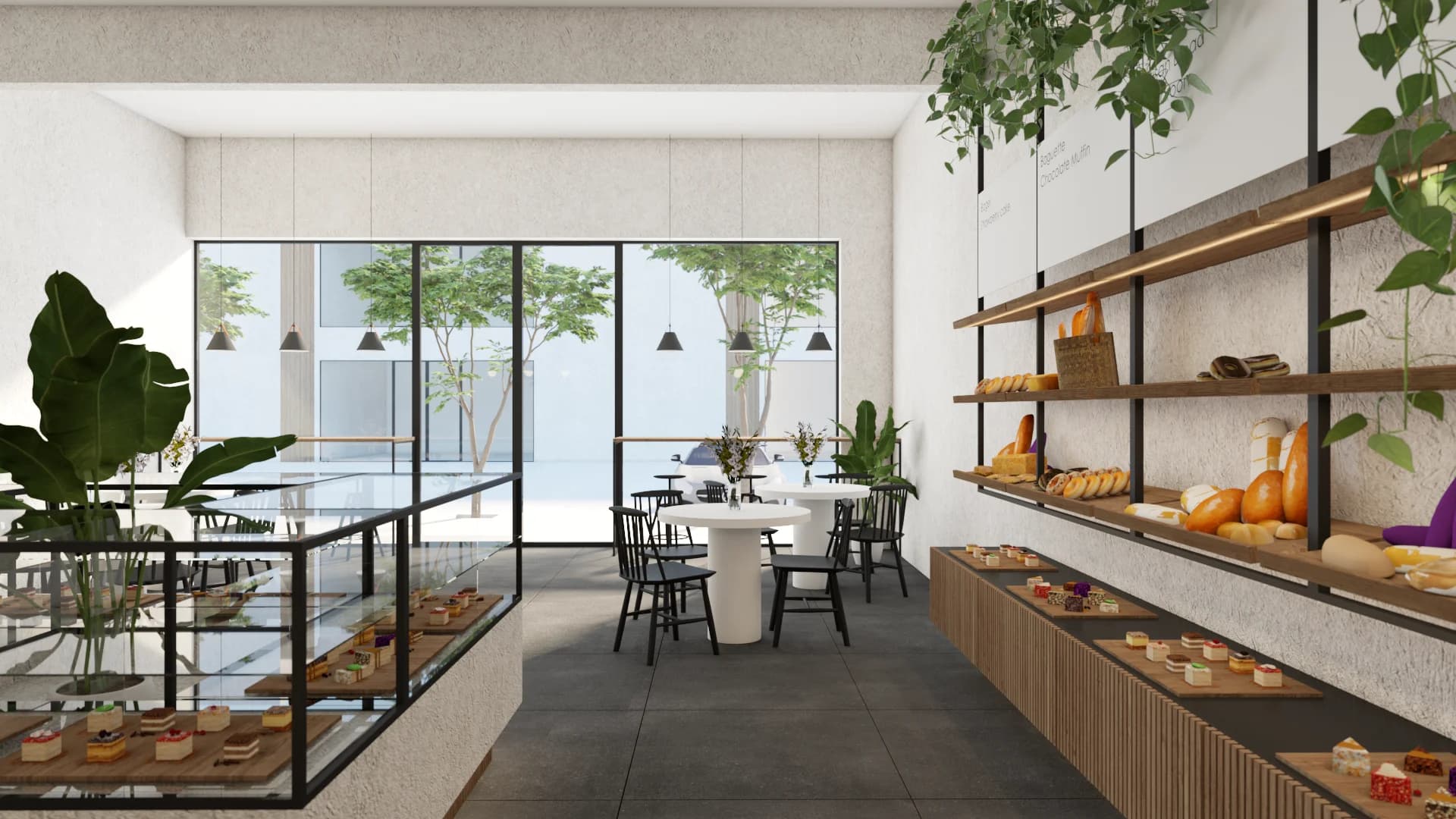 Bakery cafe with floor-to-ceiling courtyard windows, bread shelving, and bistro seating