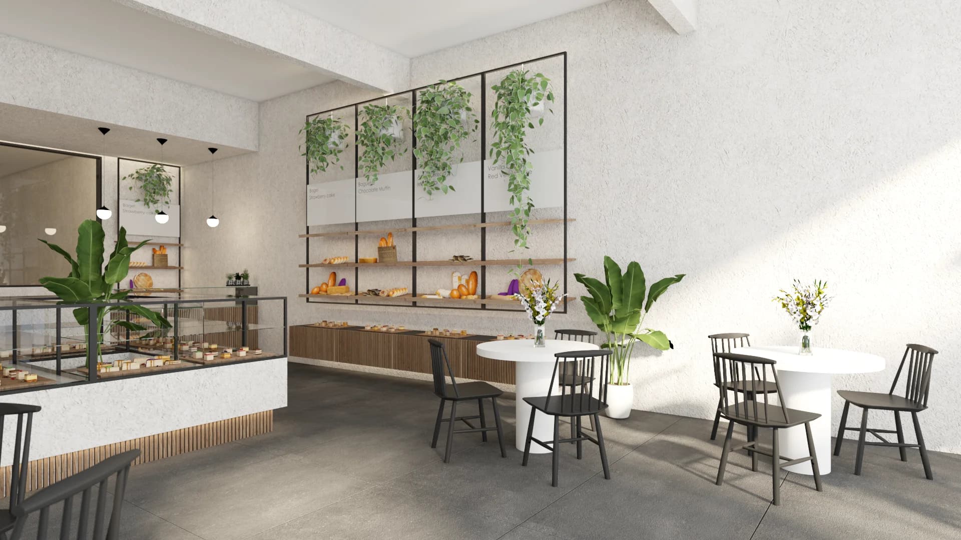 Bakery cafe dining area with glass display counter, wood shelving, and trailing green plants