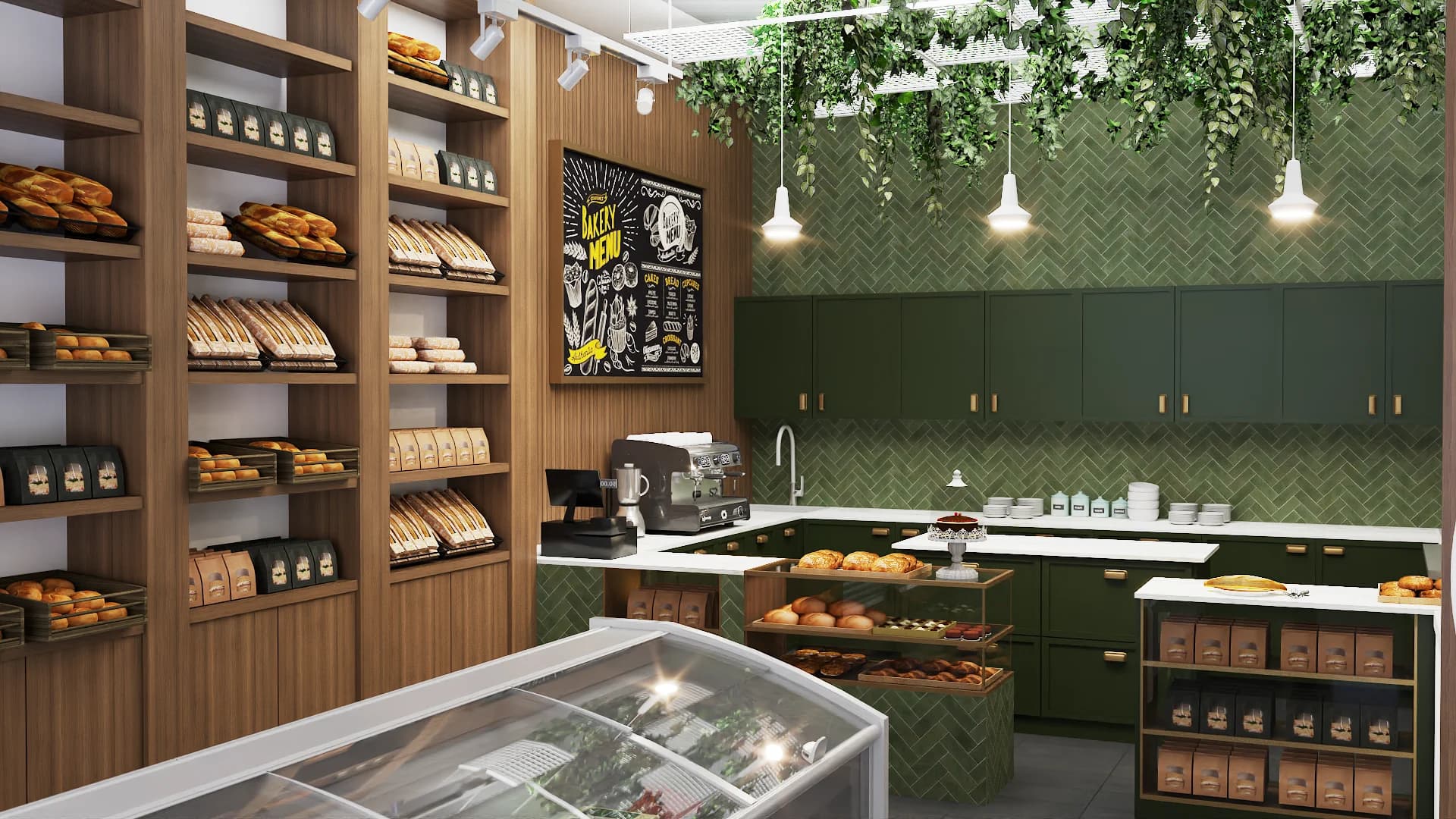 Bakery prep counter with forest green cabinets, brass hardware, herringbone tile backsplash