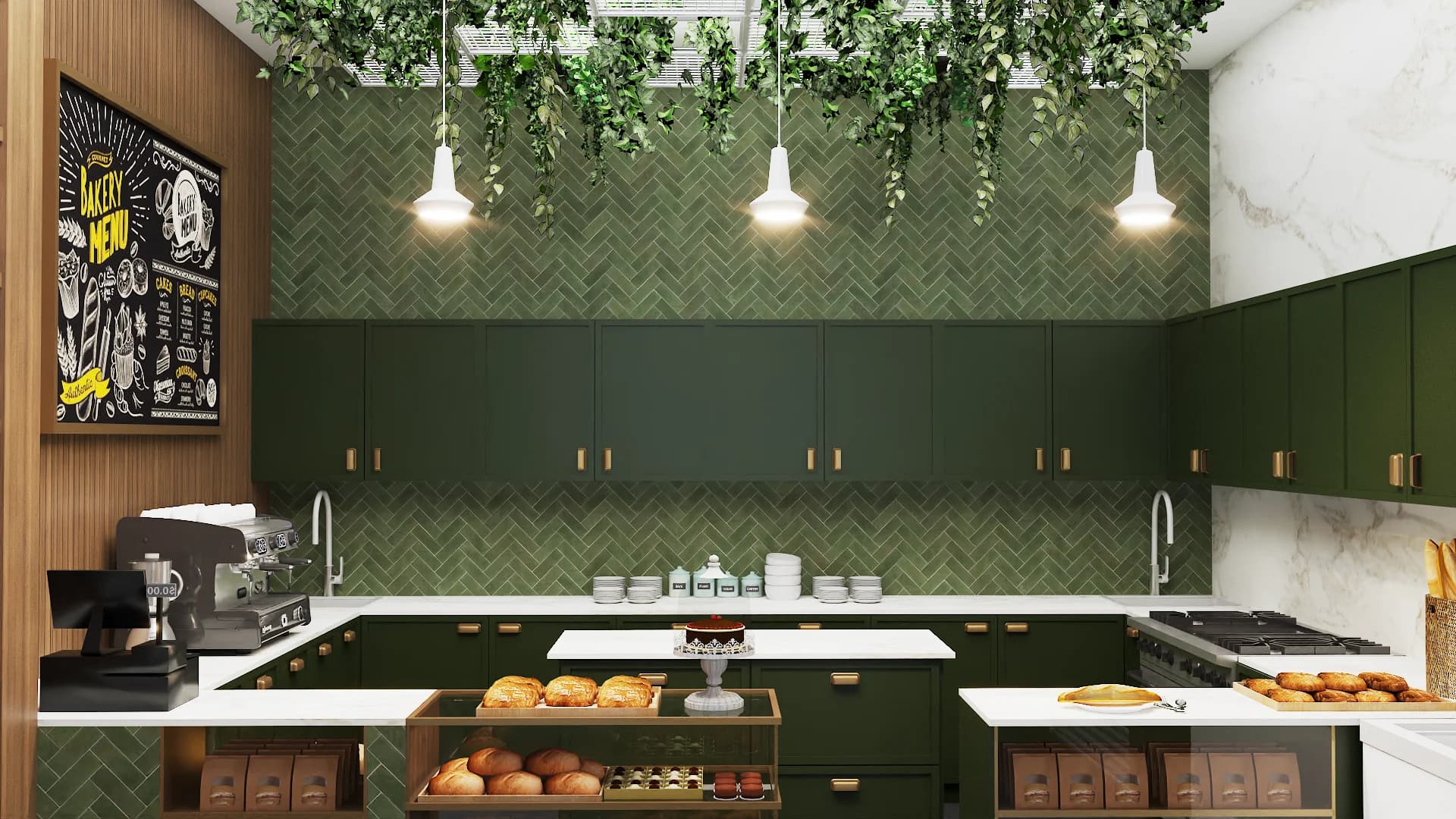 Dark green prep area with herringbone tile backsplash, marble panel and globe pendant lights