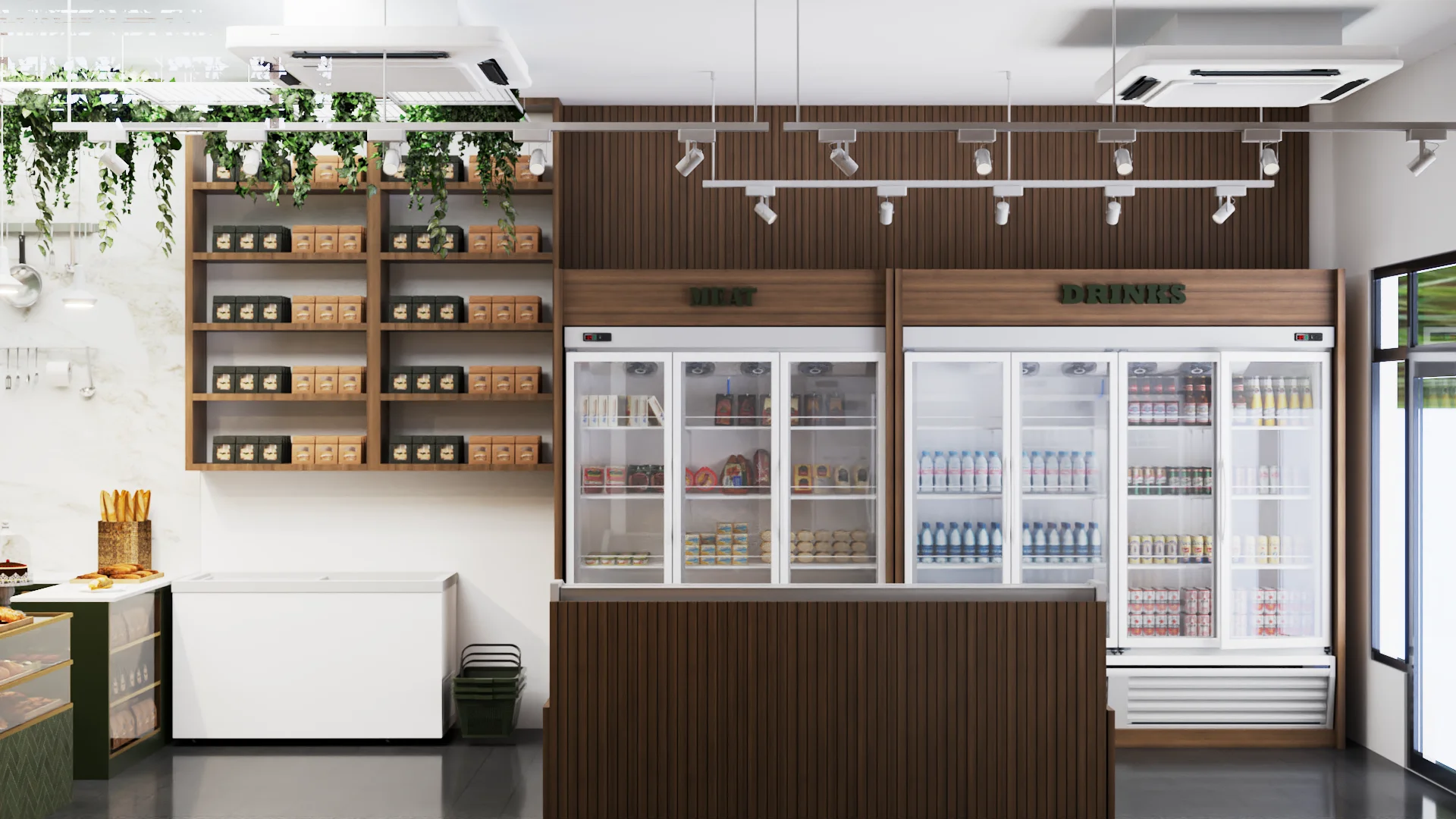 Glass-door refrigerators behind dark wood slat counter, oak retail shelving with packaged goods