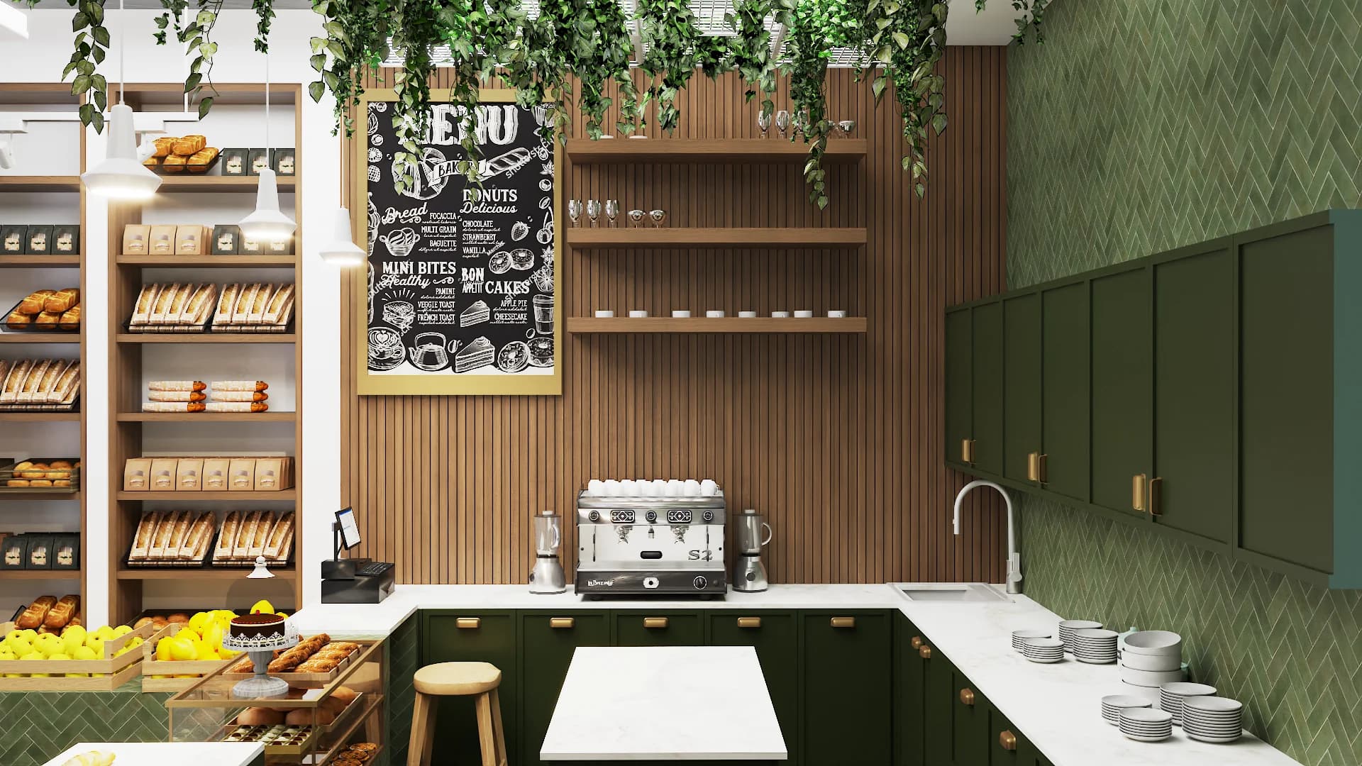 Chalkboard menu wall above green espresso station with wood slat paneling and open cup shelves