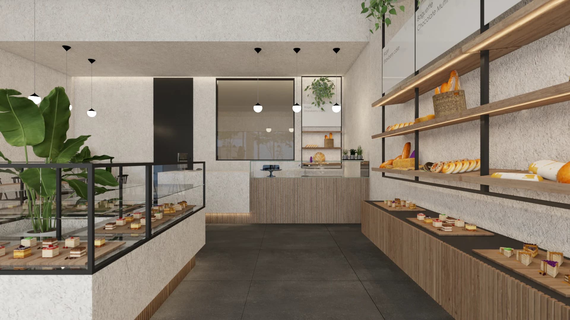 Bakery interior with glass display cases, wood open shelving, and pendant lights