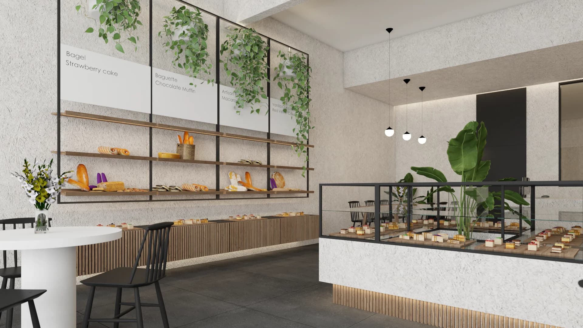 Bakery display wall with wood-and-steel shelving, glass pastry counter, and trailing greenery