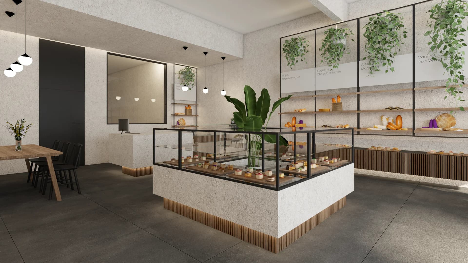 Central glass display island with fluted oak base, trailing plants, and dark tile floor