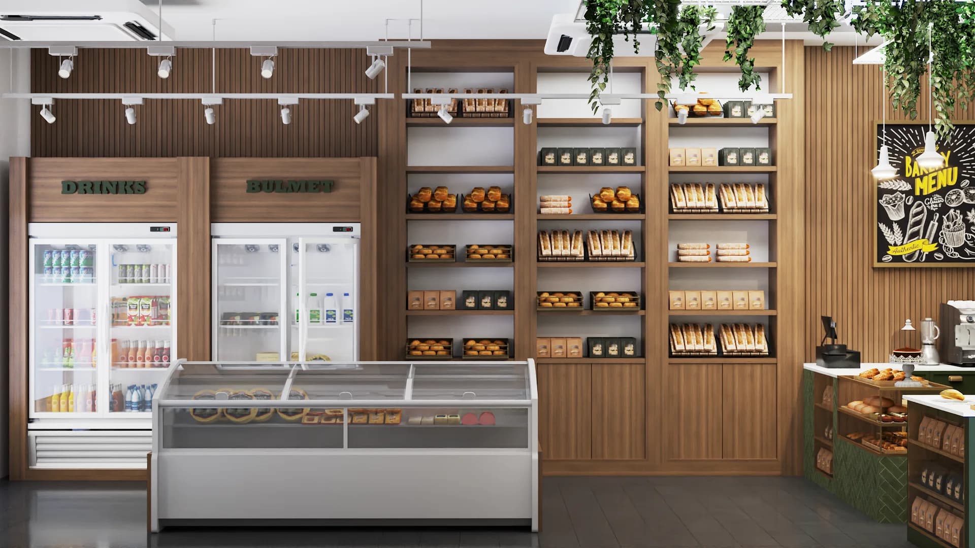 Bakery shop floor with wood panel walls, open shelving, glass display case, and chalkboard menu art