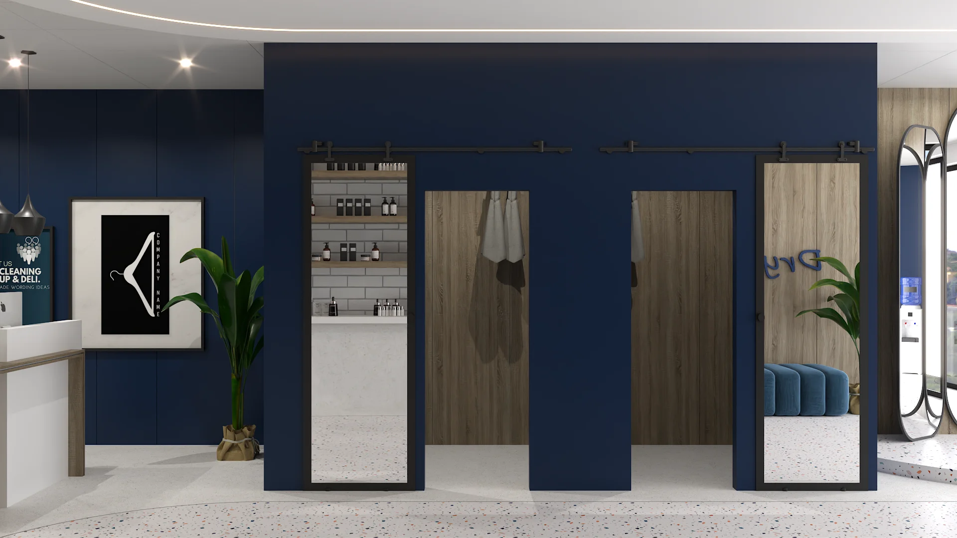 Navy blue fitting room wall with three oak barn-door panels on black sliding rail, terrazzo floor