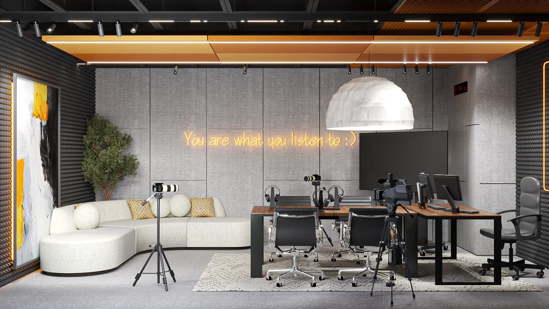 Industrial podcast studio with black acoustic foam walls, amber neon sign, walnut desks, and cream curved sofa