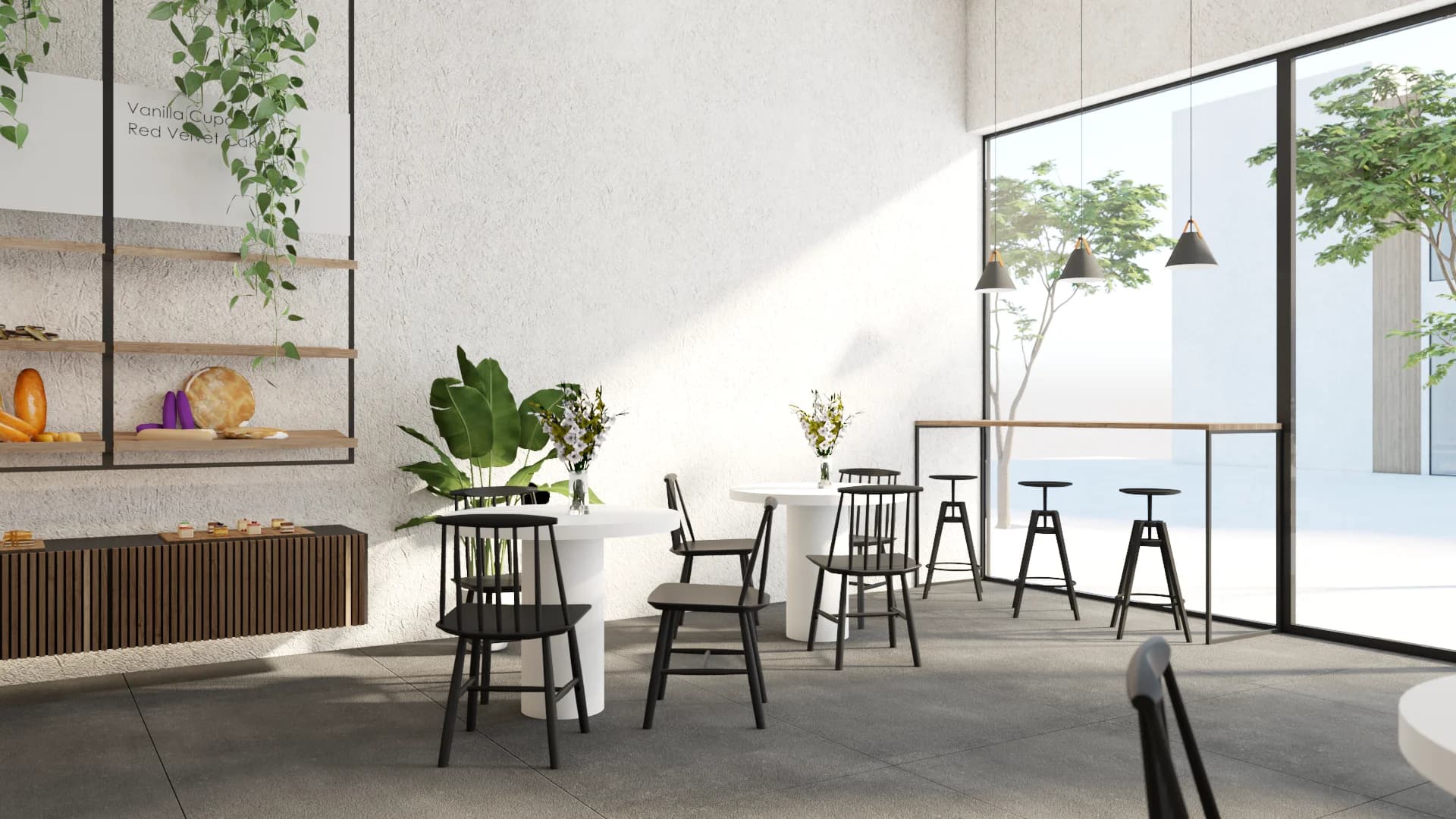 Cafe seating area with black Windsor chairs, wood shelving, and floor-to-ceiling windows