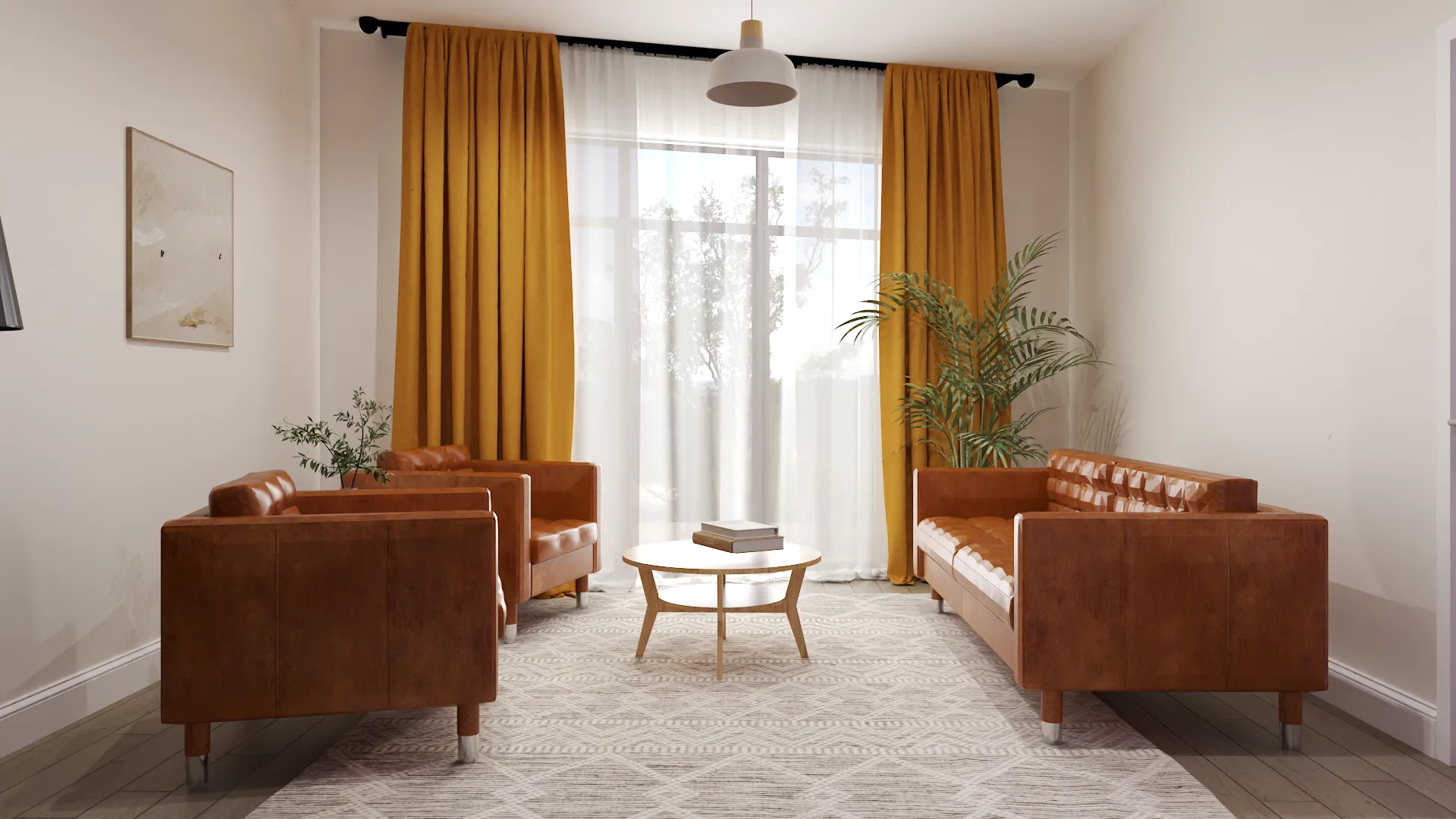 Mid-century coworking lounge with cognac leather sofas, marigold curtains, geometric rug, and oak coffee table