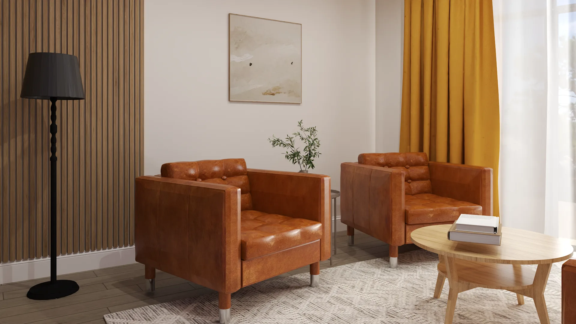 Cognac leather armchairs with fluted wood wall, marigold curtain, and black floor lamp