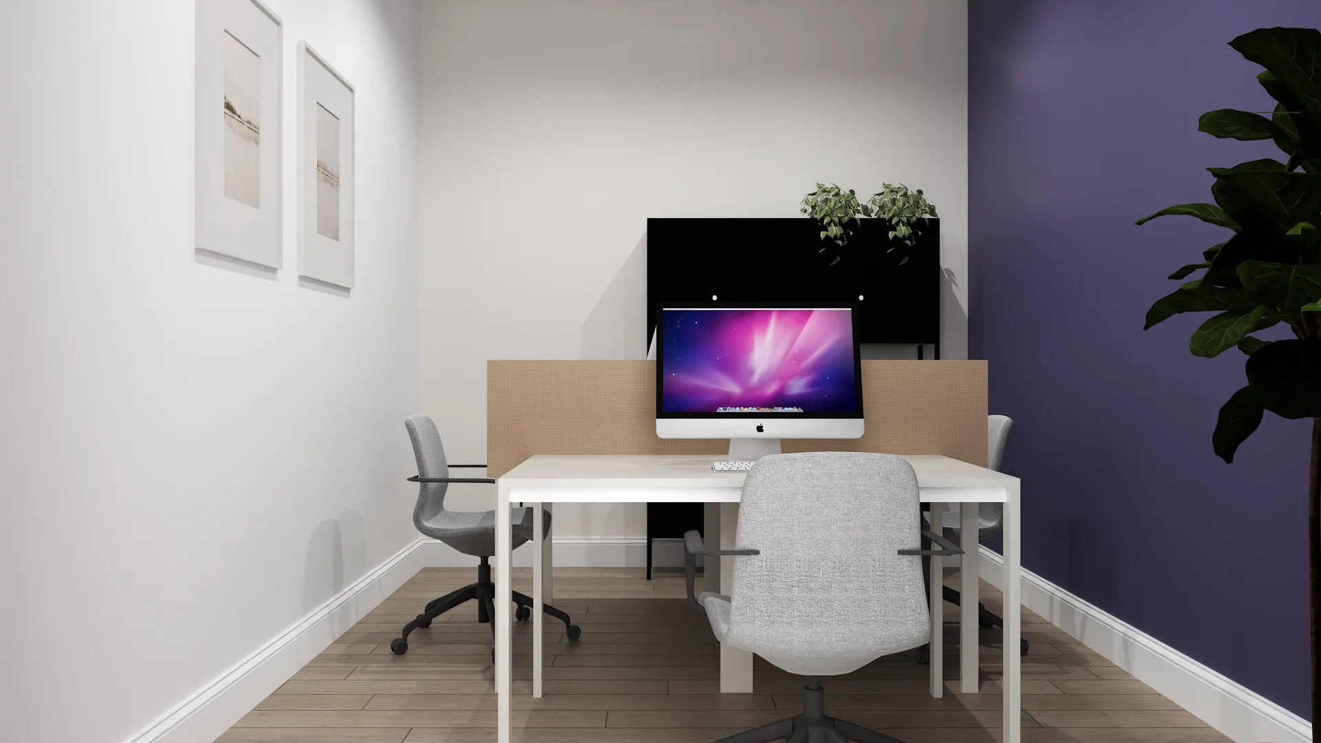 Purple accent wall office pod with iMac, privacy partition, and gallery wall prints