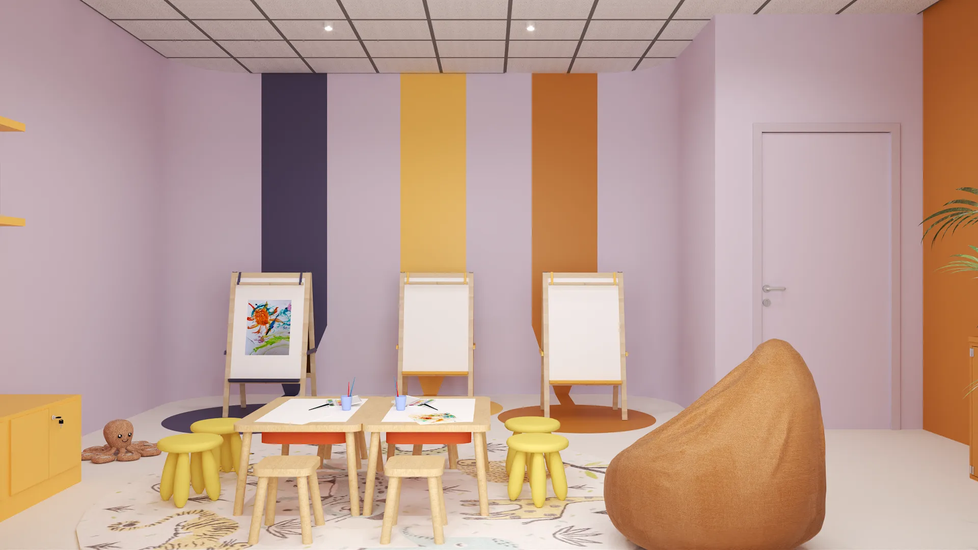 Lavender kids art room with yellow stools, art easels, and colorful vertical wall stripes
