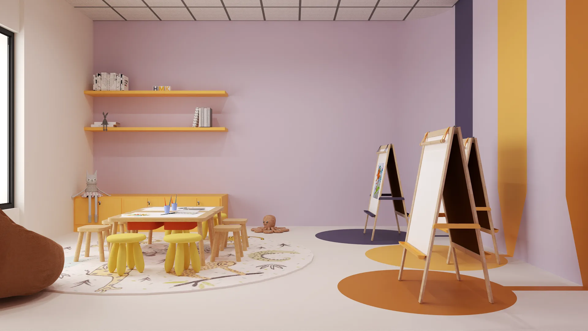 Lavender art room with marigold floating shelves, wood craft table, and easel station