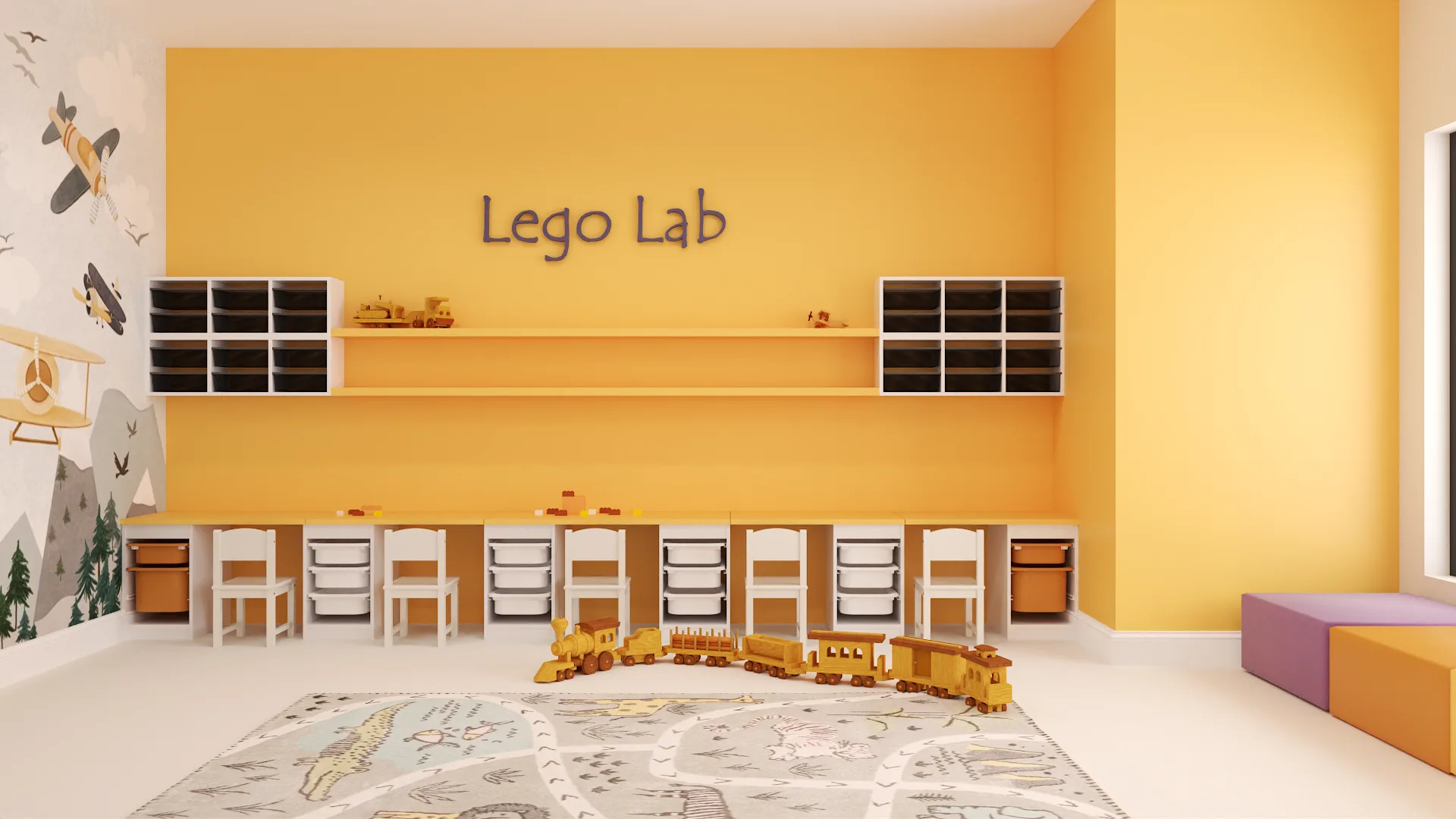 Marigold wall lego lab with Trofast storage bins, play rug, and airplane mural