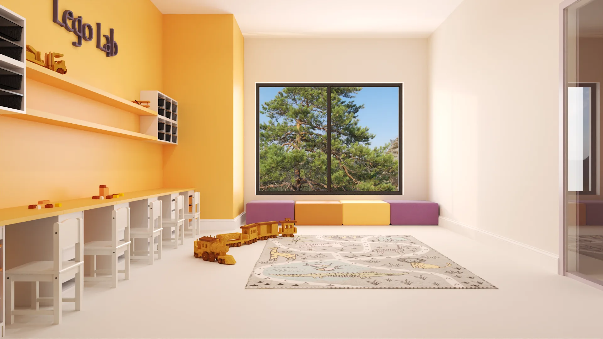 Lego lab window view with purple bench, marigold walls, and white storage cubbies