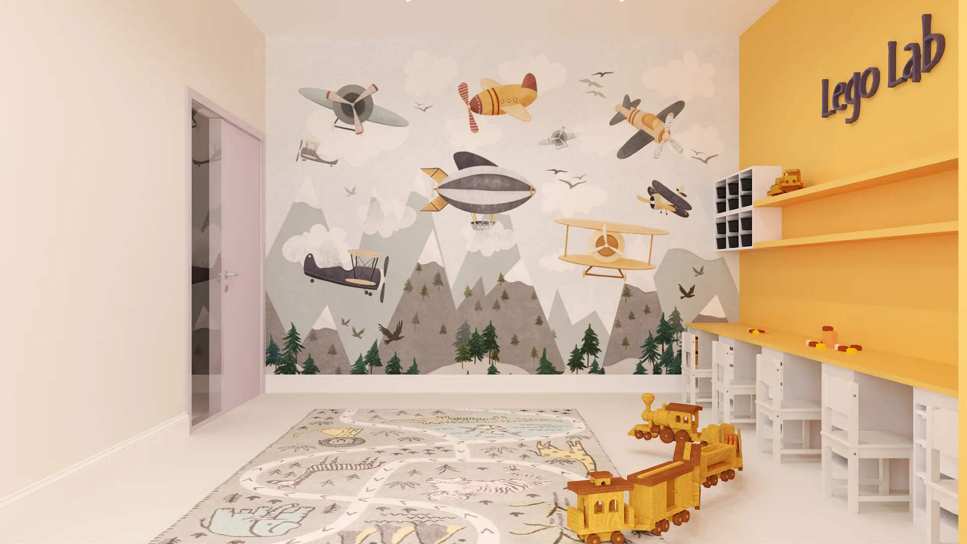 Aviation mural wall in lego room with vintage aircraft, mountain scenery, and play rug