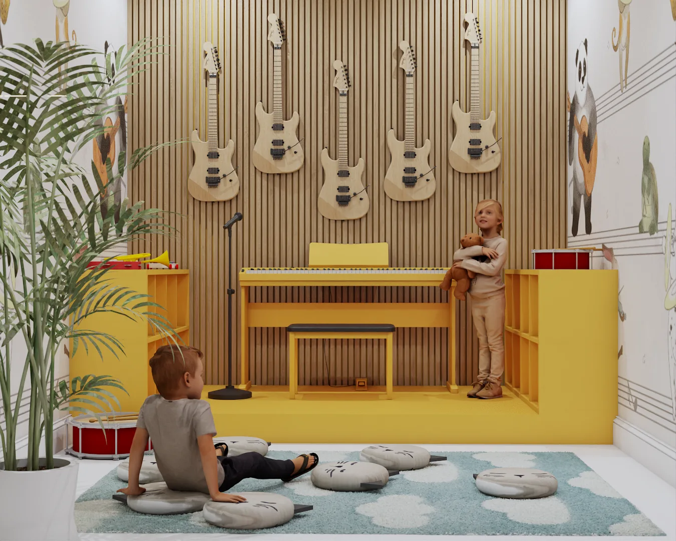 Music room with guitars on fluted wood wall, yellow piano, panda mural, and floor cushions
