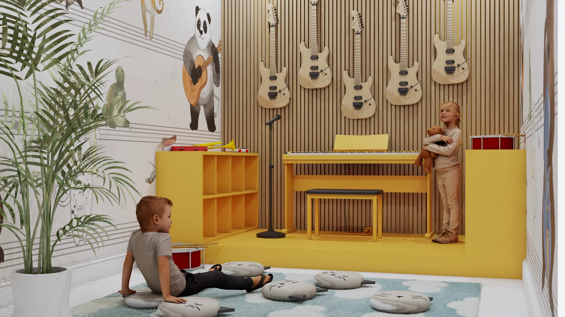 Music room front view with panda mural, floor cushions, guitars on slat wall, cloud rug