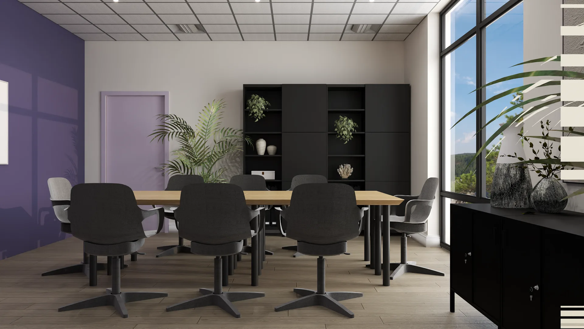 Purple accent wall conference room with oak table, gray swivel chairs, and black storage
