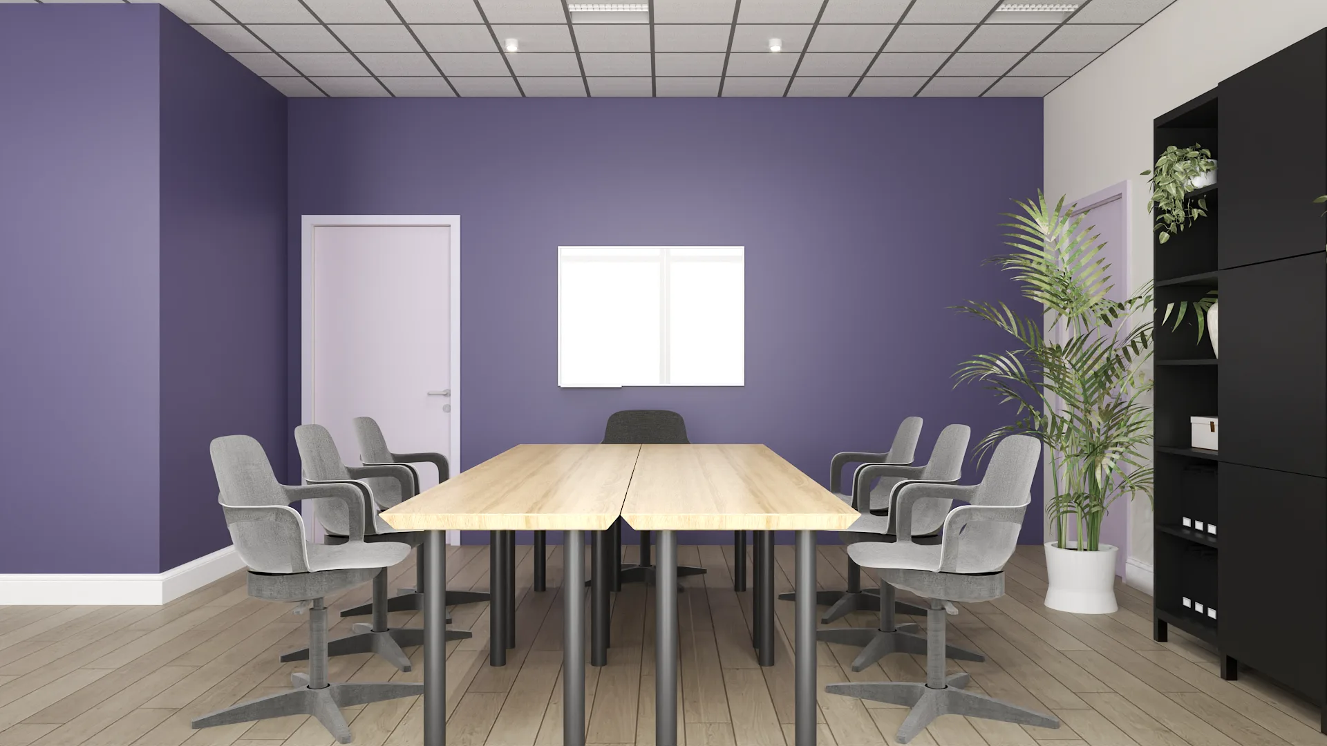 Conference room frontal view with purple walls, whiteboard, and grid ceiling tiles